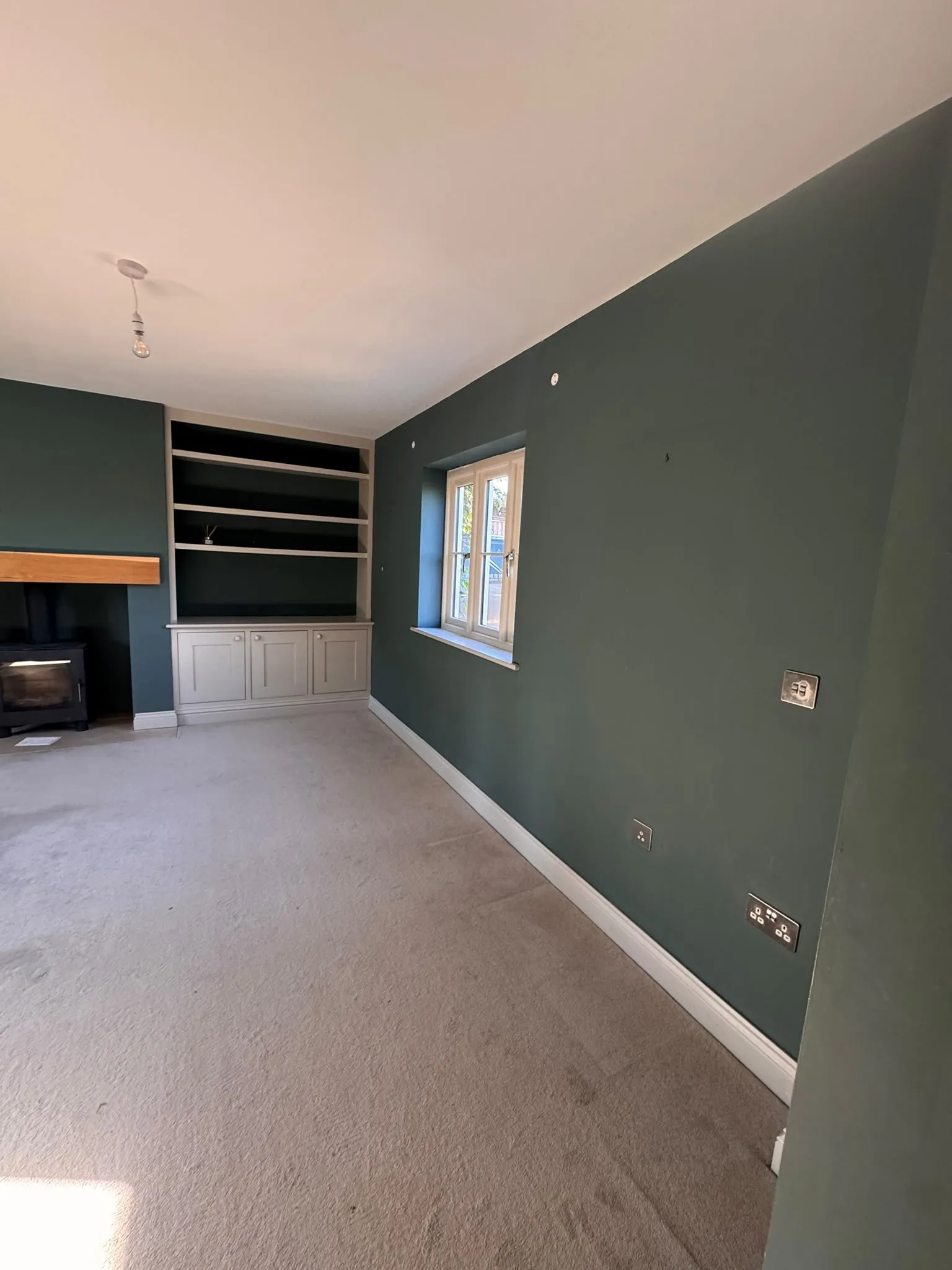 Study painted in deep green with white skirting and shelving